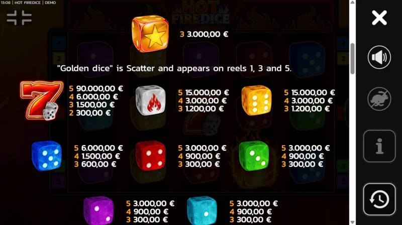 Hot Fire Dice - таблица за изплащане с допълнителни Wild символи